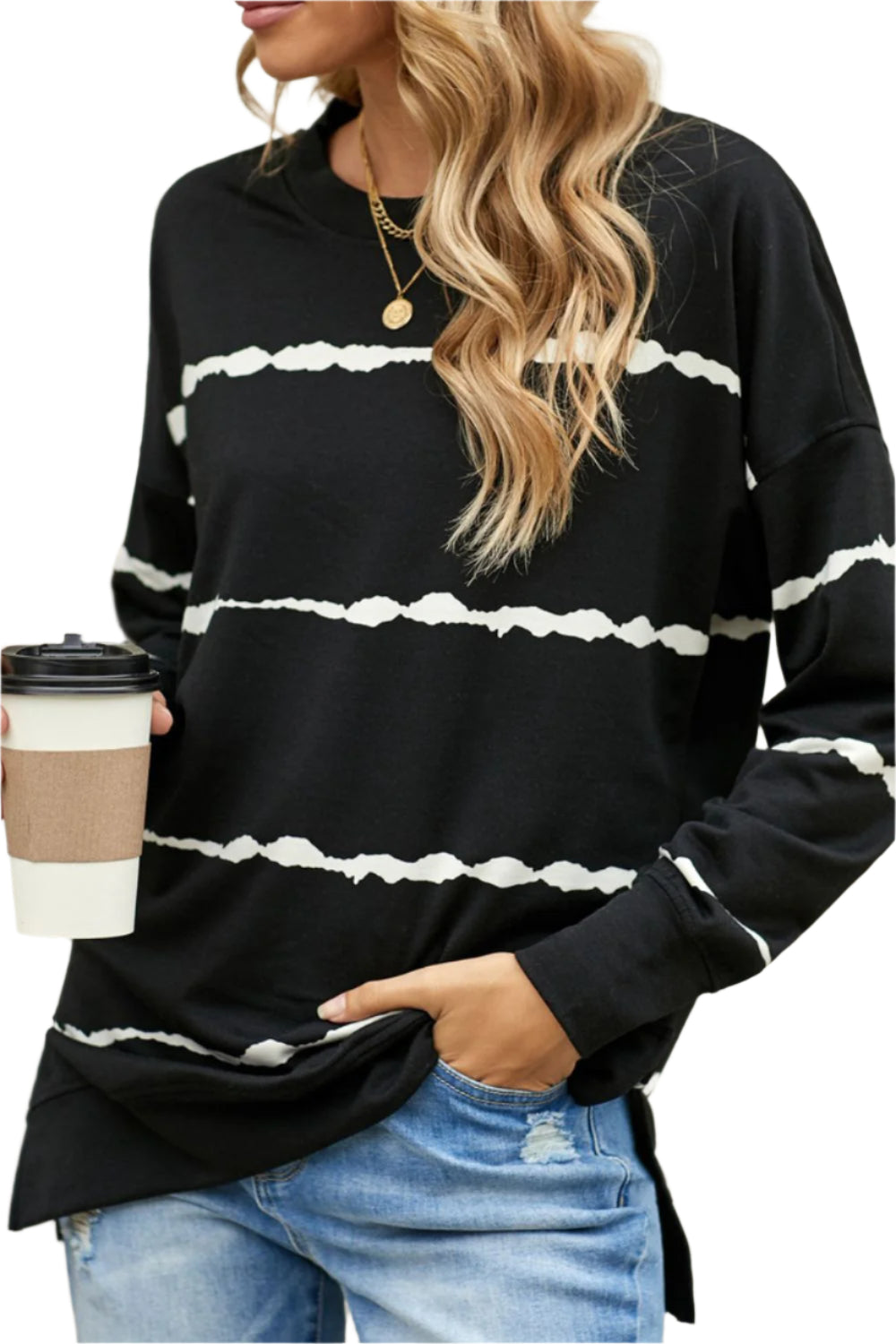 Slit Contrast Striped Round Neck Long Sleeve T-Shirt