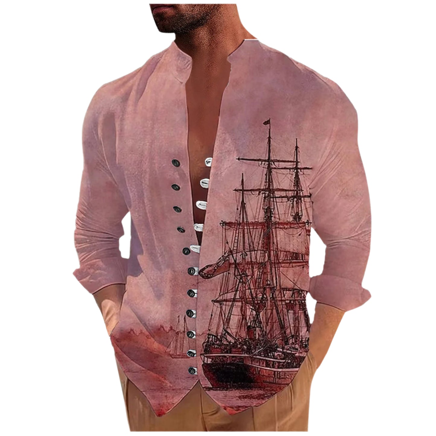 Men's 3D Vintage Print Long Ship Collard Long Sleeve Button Down Shirt