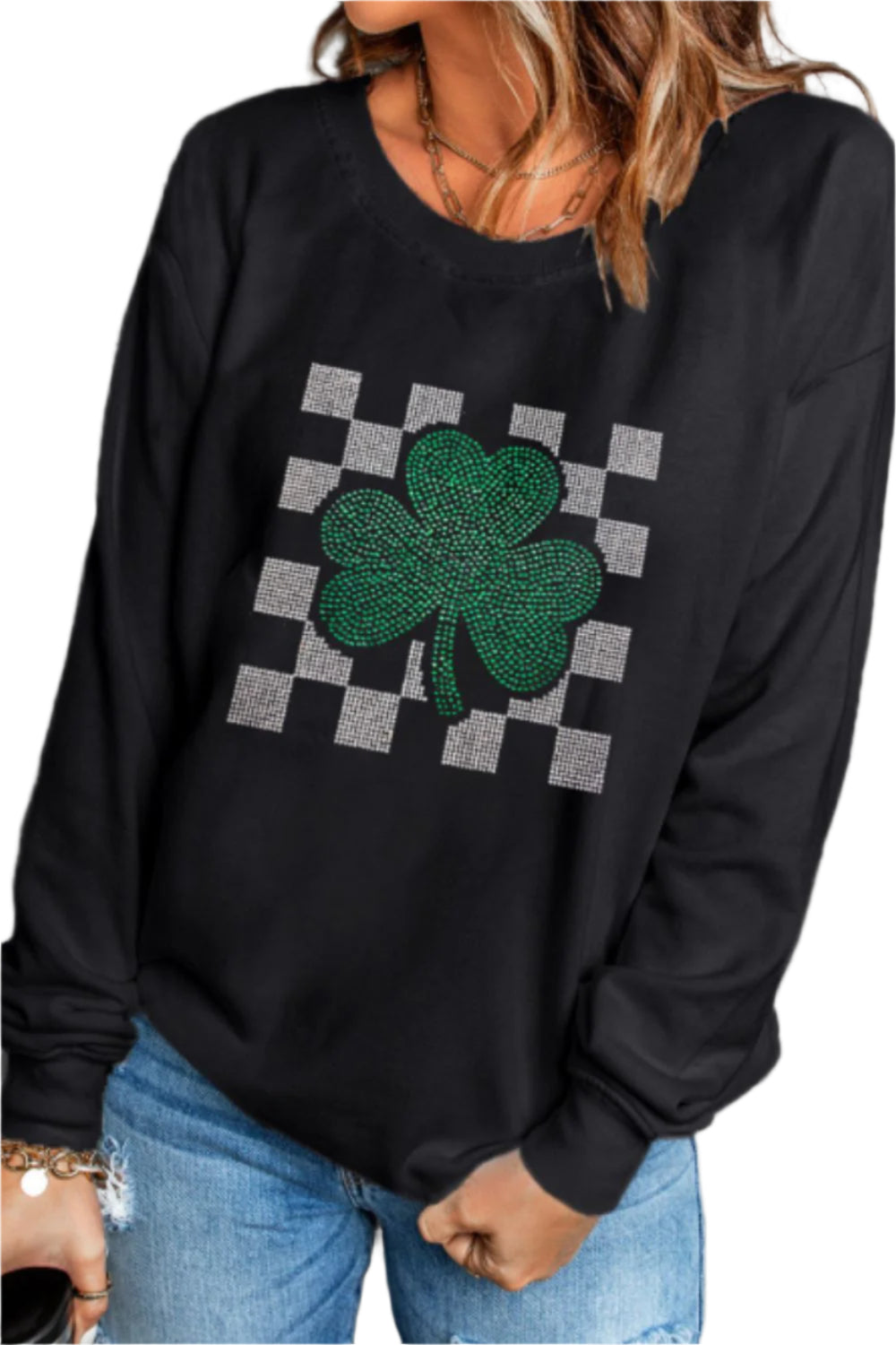 Rhinestone Checkered Lucky Clover Round Neck Sweatshirt