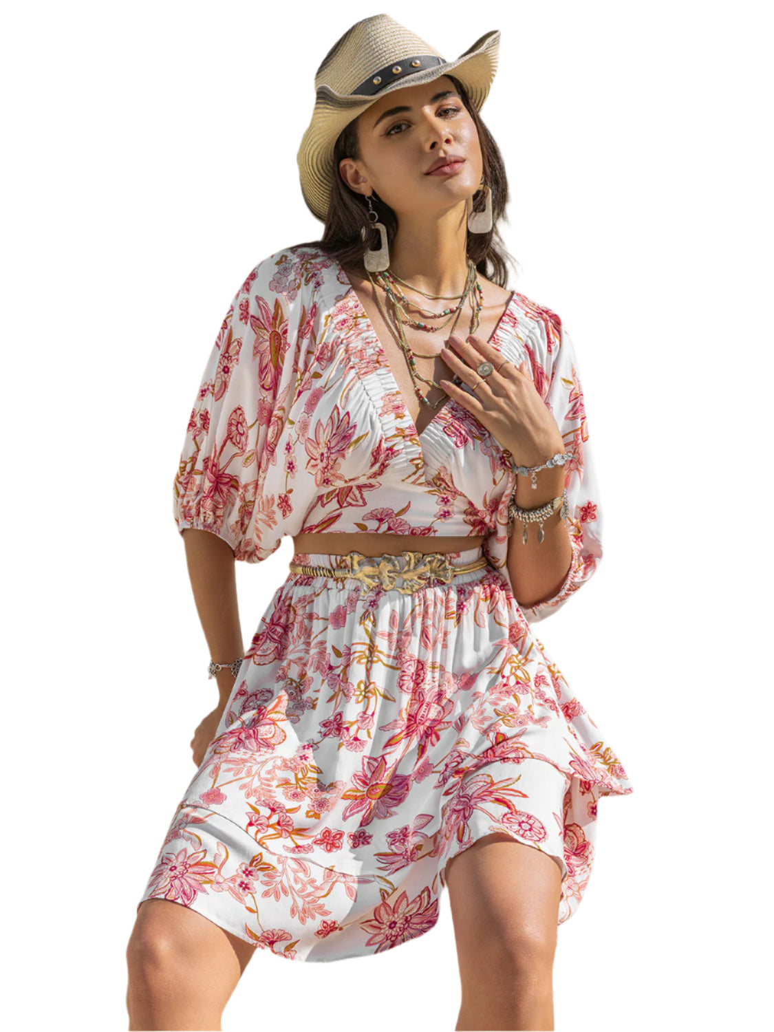 Printed Half Sleeve Top and Layered Skirt Set