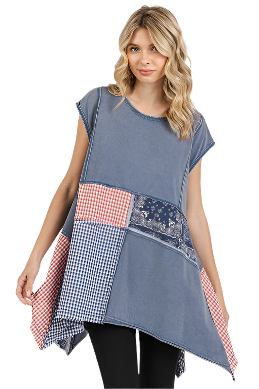 Mittoshop Patchwork Mineral Washed Round Neck Cap Sleeve Top