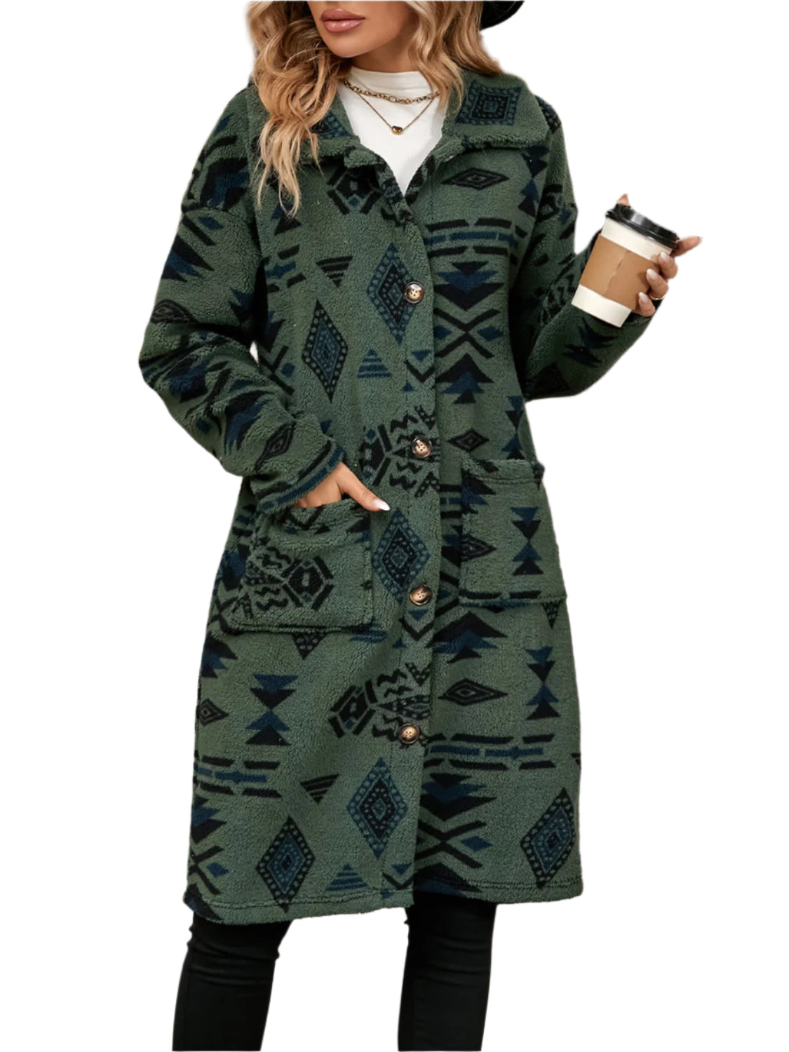 Geometric Pocketed Dropped Shoulder Coat