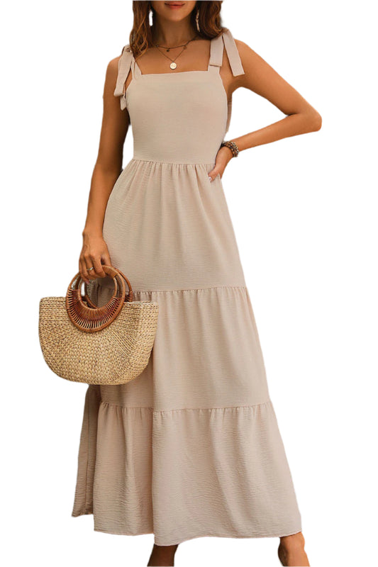 Perfee Tie Shoulder Smocked Tiered Dress