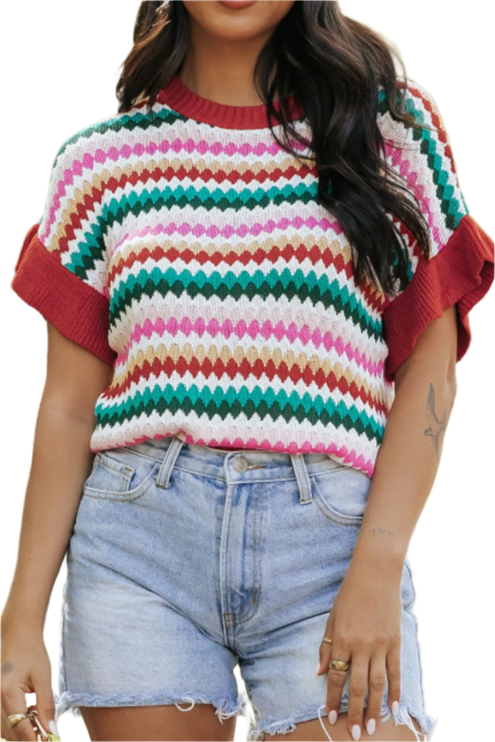 Contrast Round Neck Short Sleeve Sweater