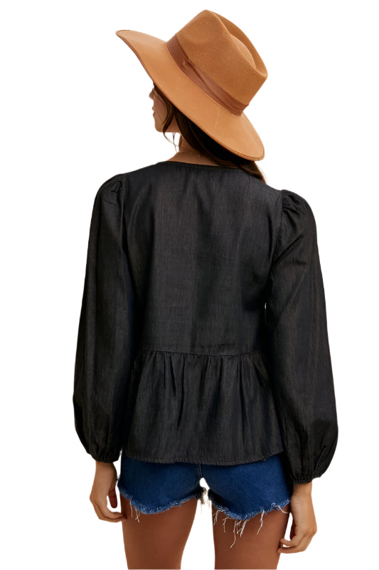 Annie Wear Tie Front Peplum Long Sleeve Denim Top