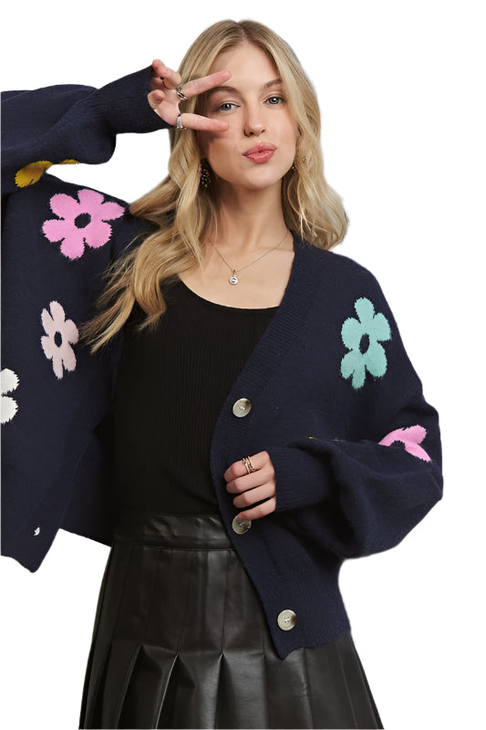 ADORA Flower Button Down Lantern Sleeve Cardigan