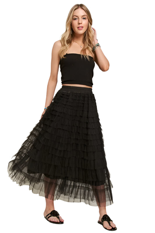 ADORA Elastic Waist Layered Mesh Midi Skirt