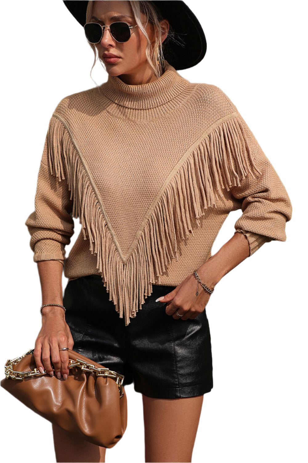 Turtle Neck Tassel Front Long Sleeve Pullover Sweater