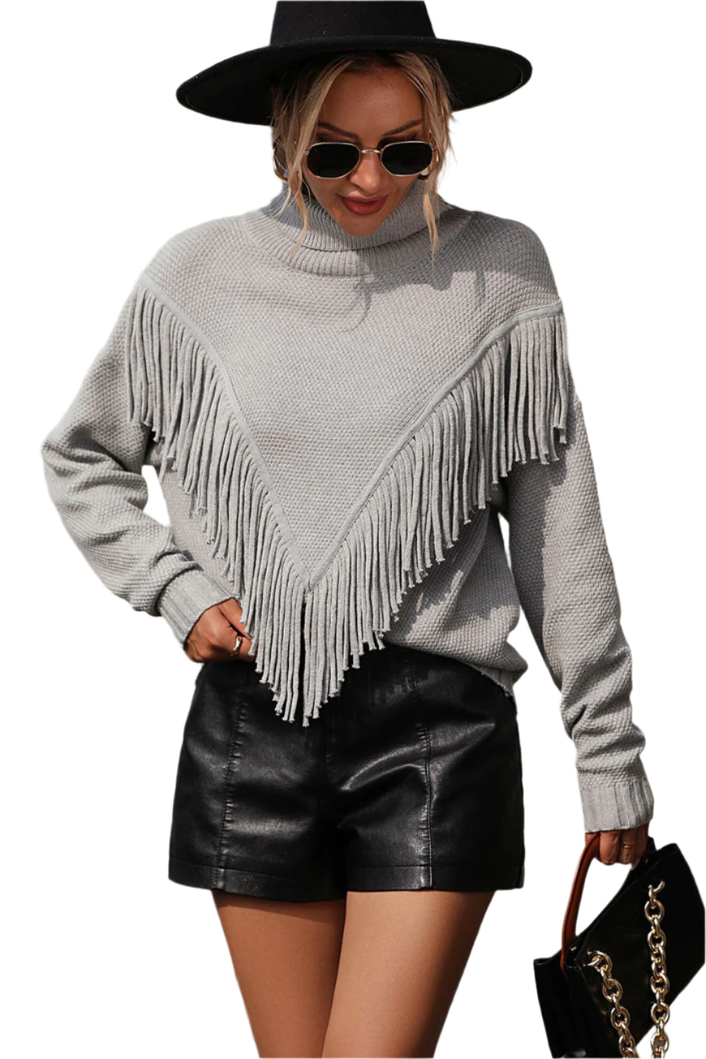 Turtle Neck Tassel Front Long Sleeve Pullover Sweater