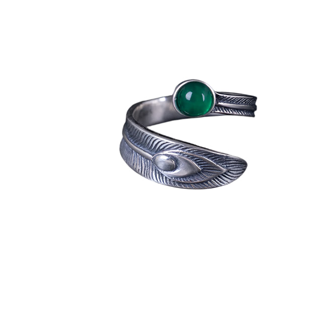 925 Sterling Silver Peacock Feather Rings Featuring Jade or Malachite Crystal