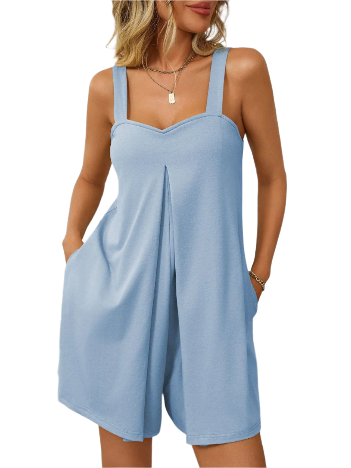 Mandy Sweetheart Neck Wide Strap Romper with Pockets