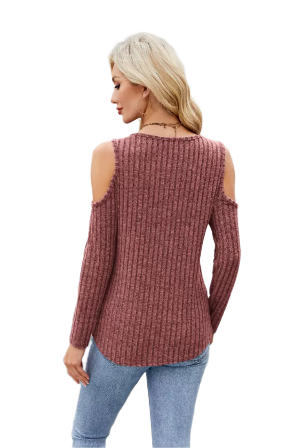 Ribbed Cold Shoulder Long Sleeve Top