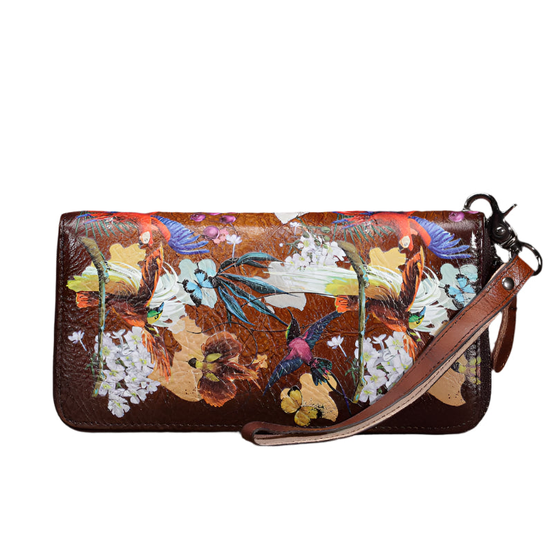 Birds and Flowers Painted Cowhide Leather Wallet
