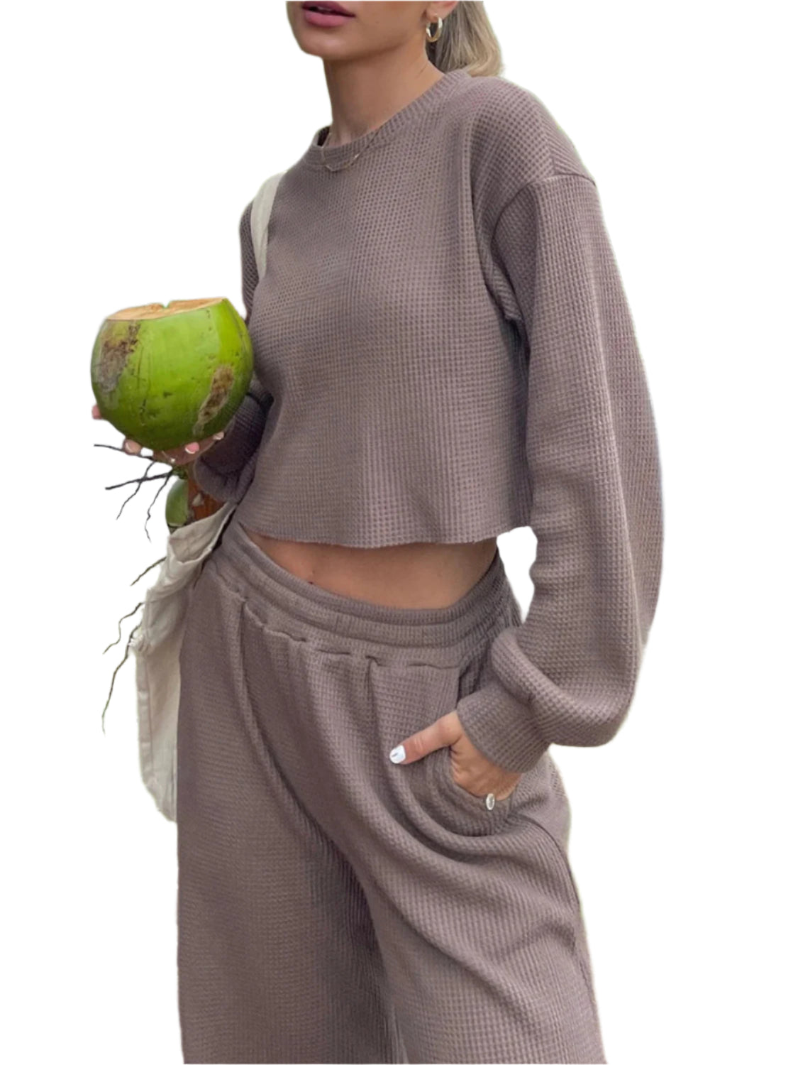 Waffle-Knit Round Neck Top and Pants Set
