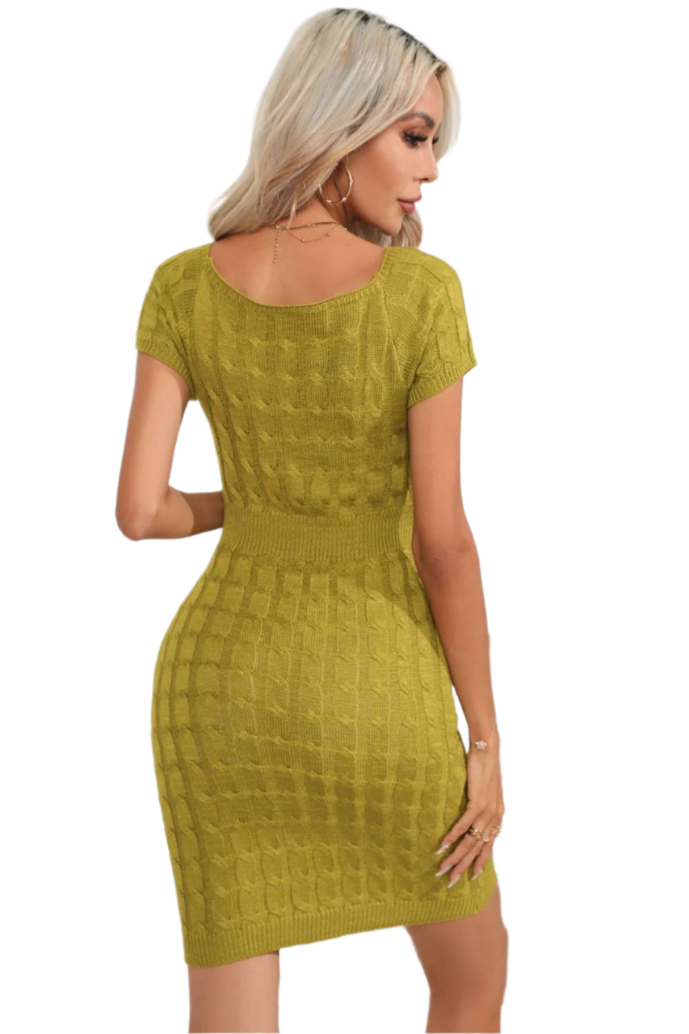 Decorative Button Round Neck Short Sleeve Sweater Dress