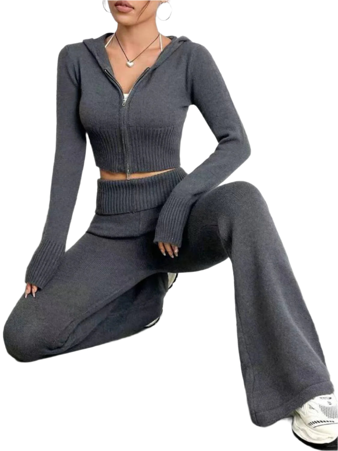 Zip Up Hooded Top and Flare Pants Sweater Set