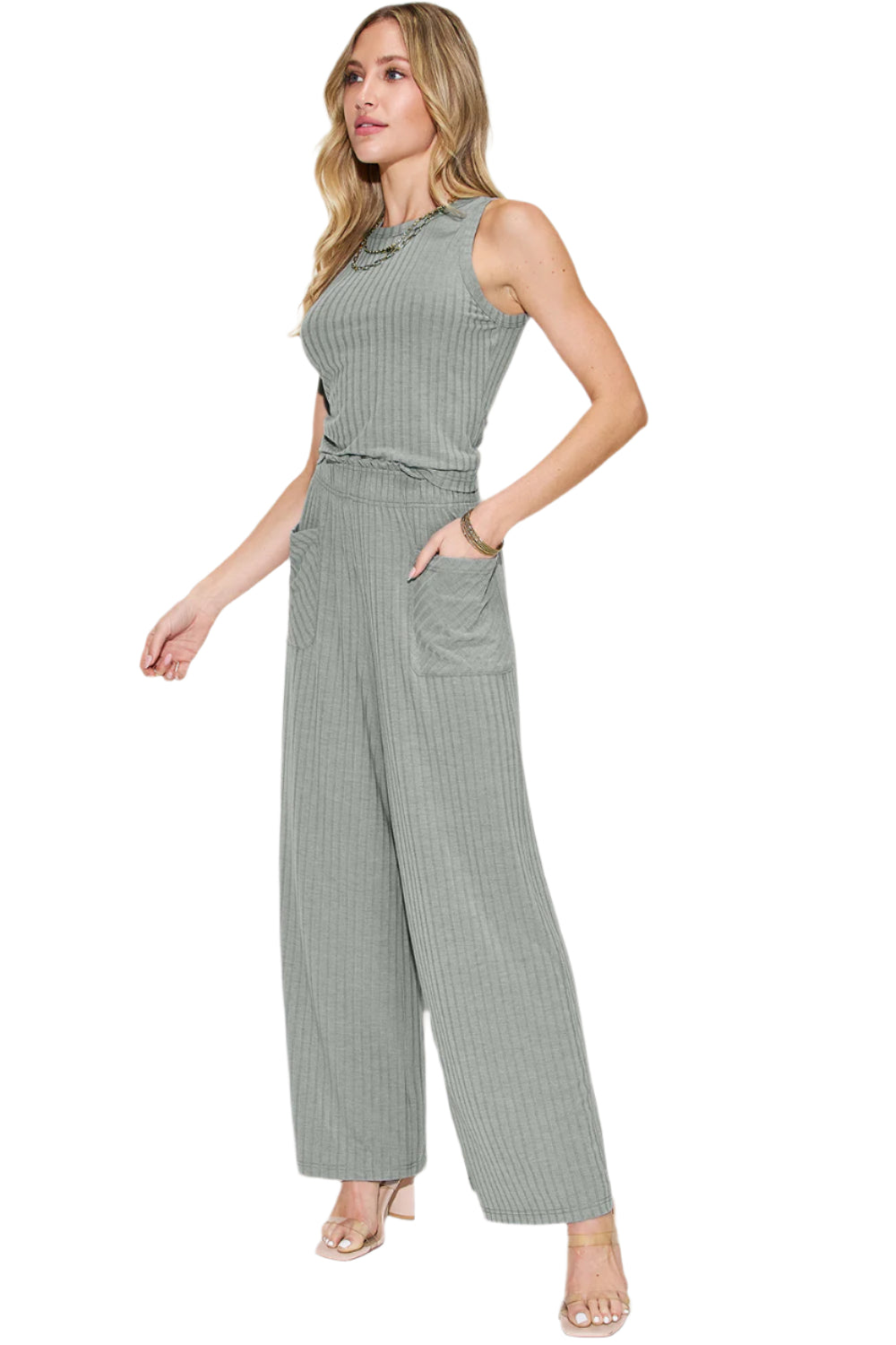 Basic Bae Full Size Ribbed Tank and Wide Leg Pants Set