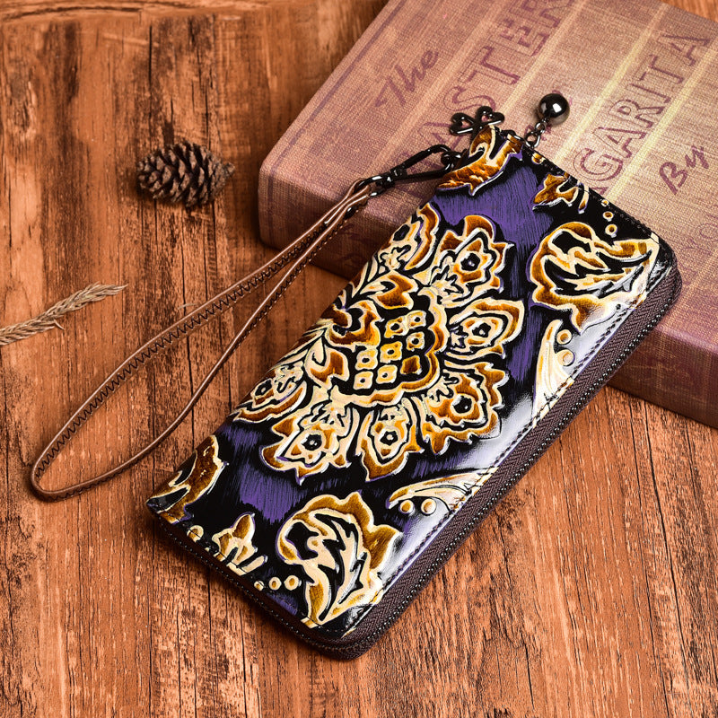 Cowhide Floral Zippered Wallet with Built-in Strap