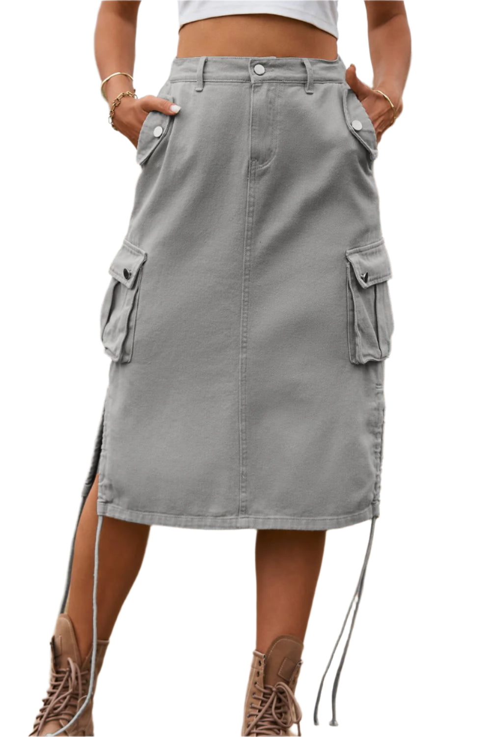 Drawstring Denim Cargo Skirt
