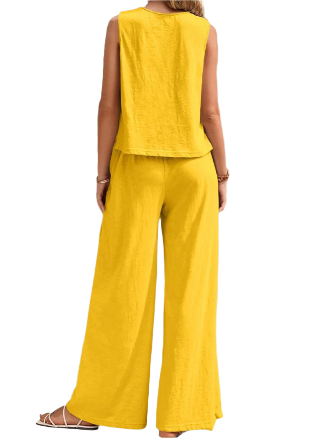 Round Neck Sleeveless Top and Wide Leg Pants Set