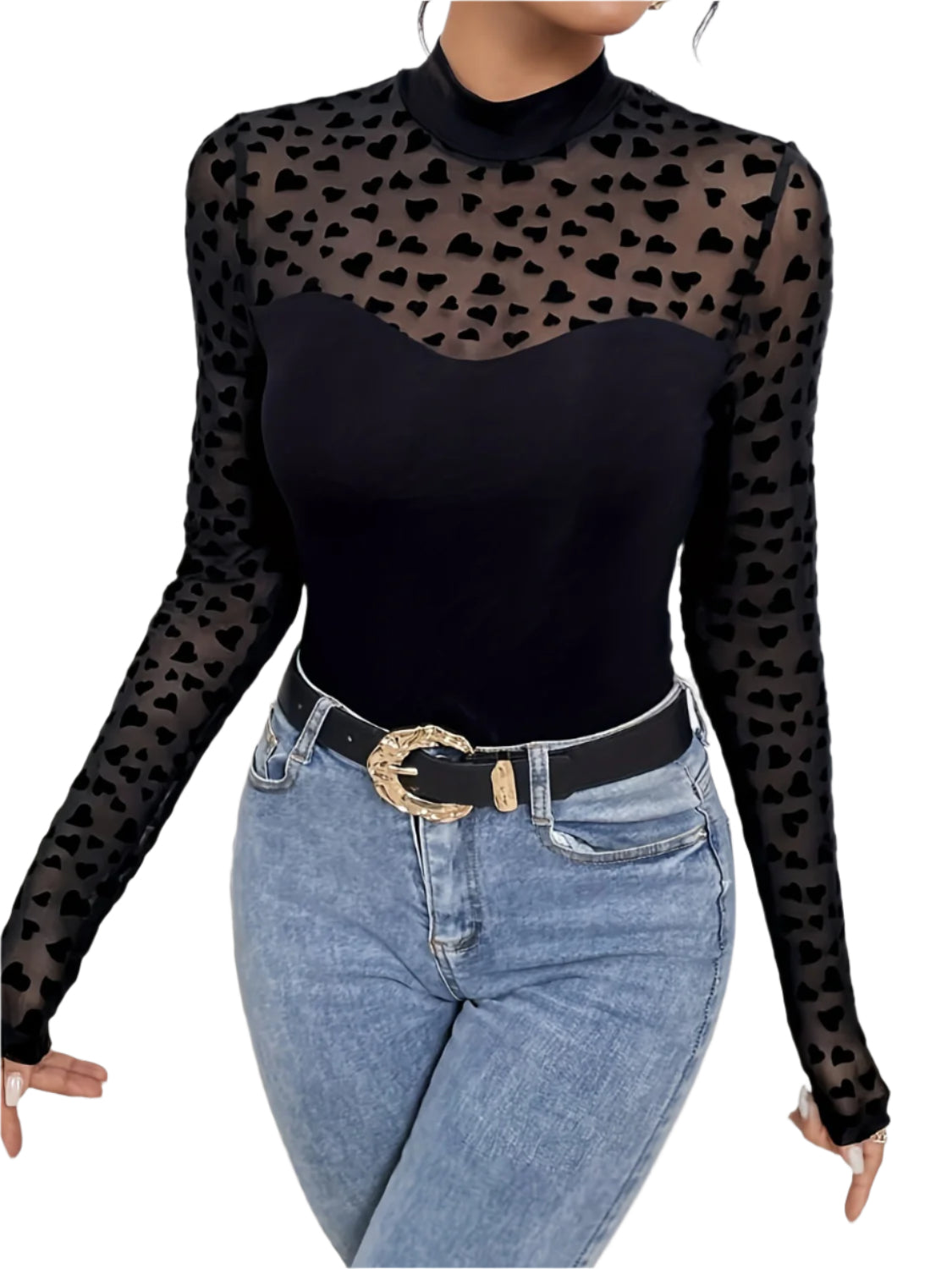 Heart Mock Neck Long Sleeve T-Shirt
