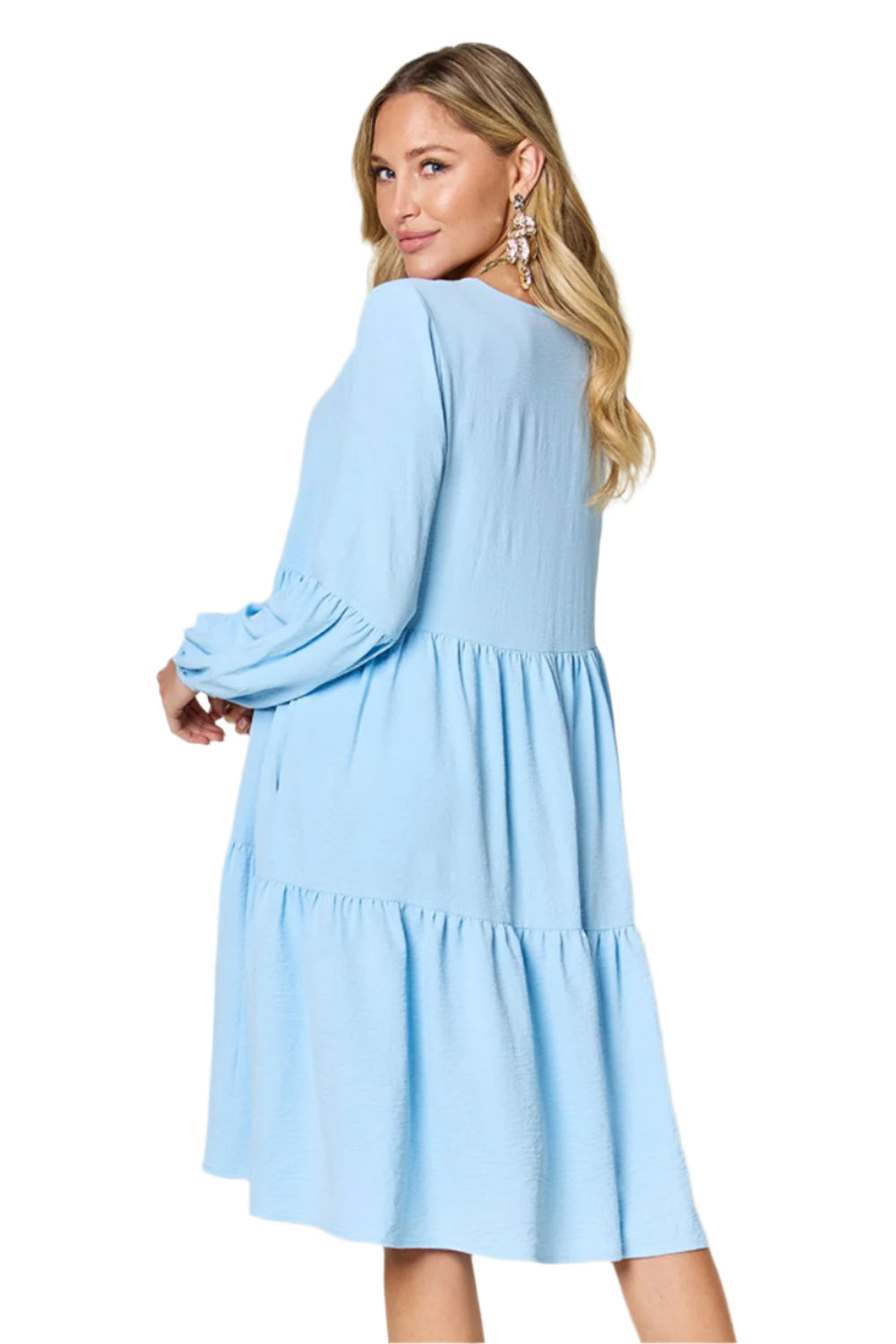 Double Take Full Size V-Neck Balloon Sleeve Tiered Dress with Pockets