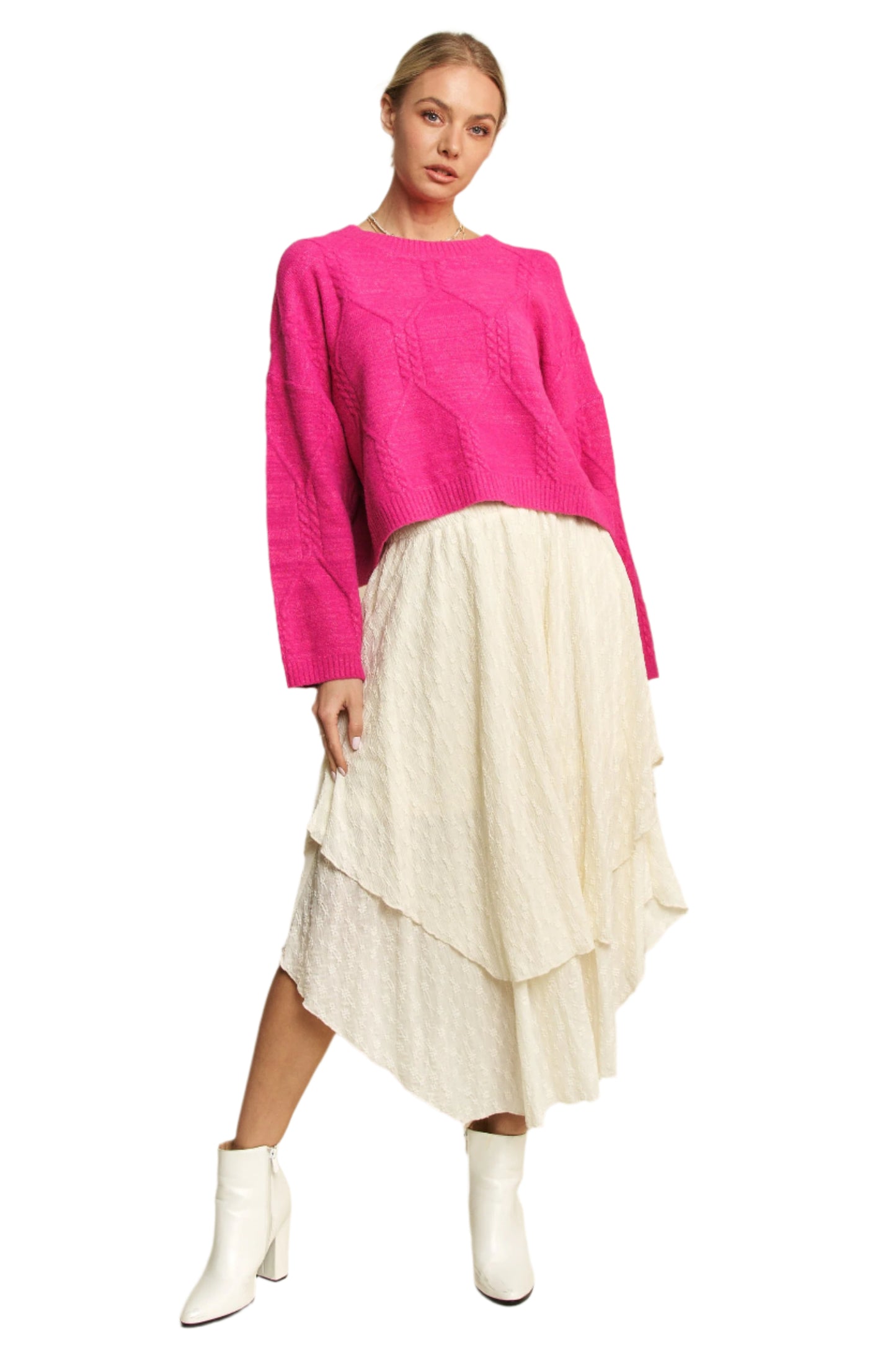 Davi & Dani Diamond Cable Pattern Drop Shoulder Sweater