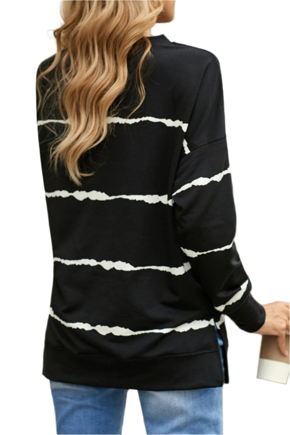 Slit Contrast Striped Round Neck Long Sleeve T-Shirt