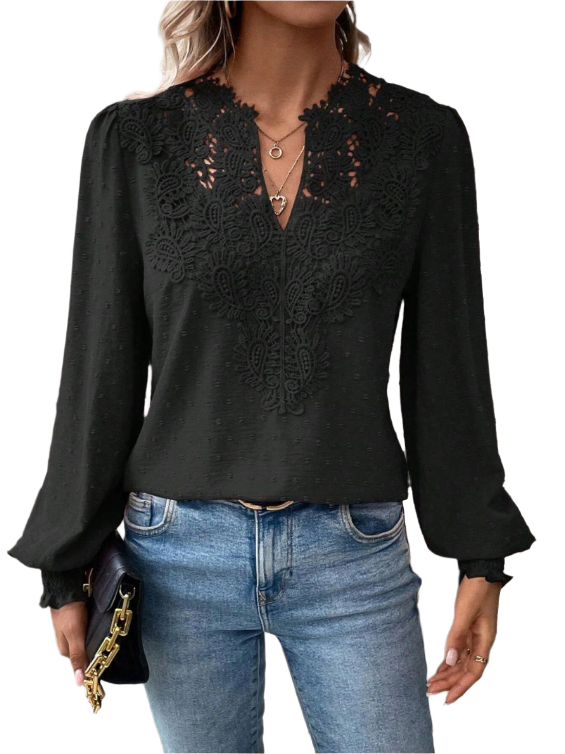 Swiss Dot Lace Detail Notched Long Sleeve Blouse