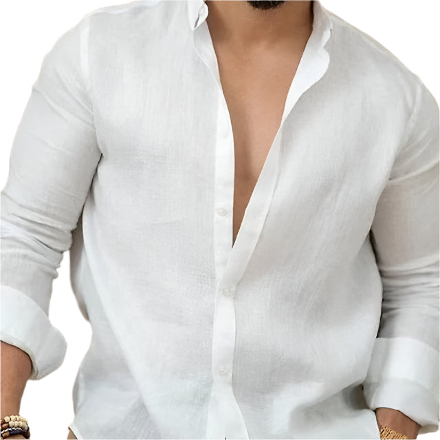 Solid Color Linen Men's Button Down Collard Shirt