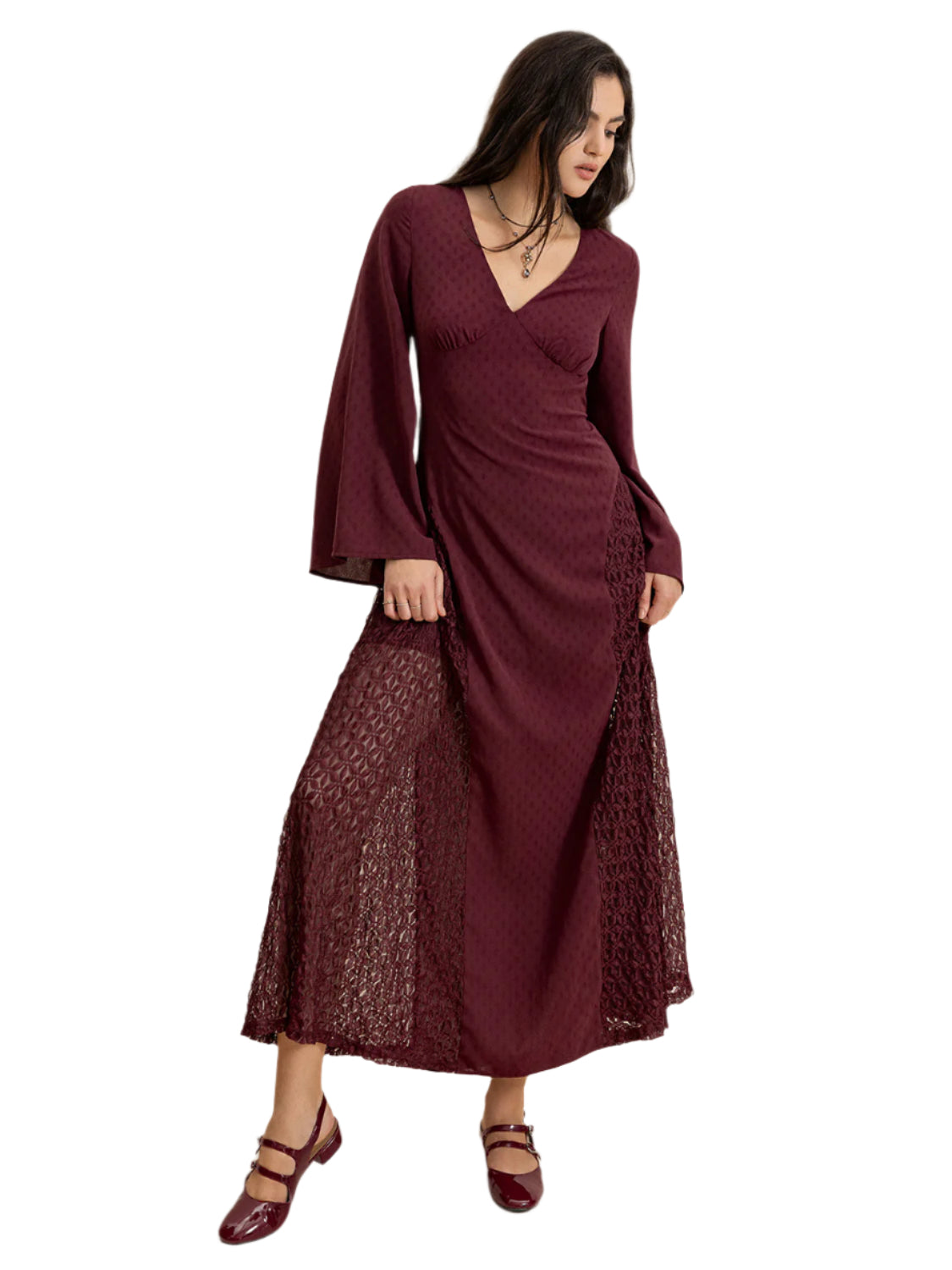 Lace Patchwork V-Neck Long Sleeve Midi Dress