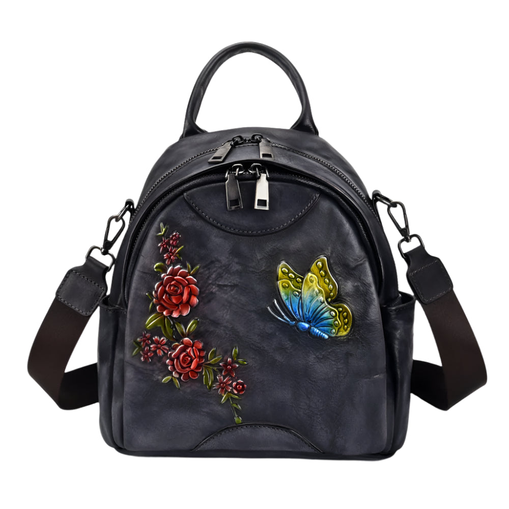 Butterfly and Flowers Cowhide Leather Versatile Handbag