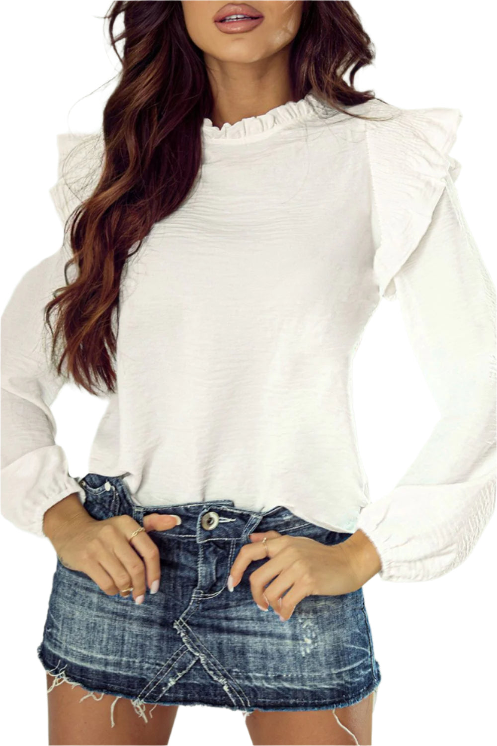 Frill Mock Neck Ruffled Balloon Sleeve Blouse