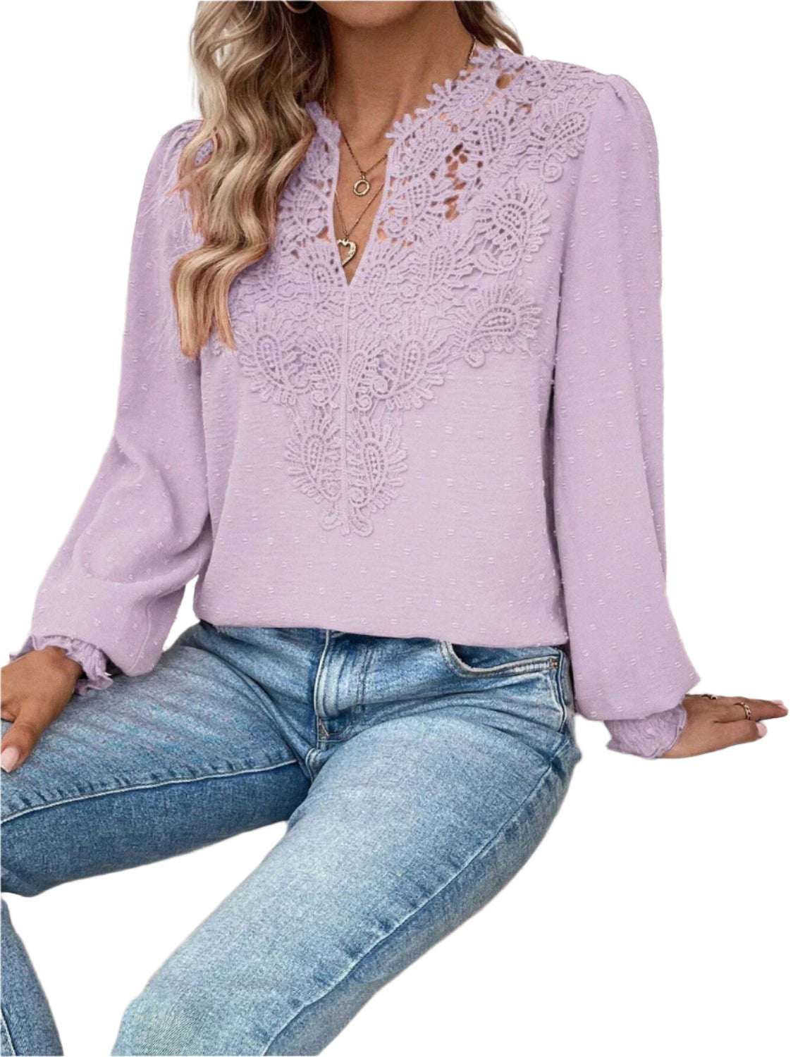 Swiss Dot Lace Detail Notched Long Sleeve Blouse
