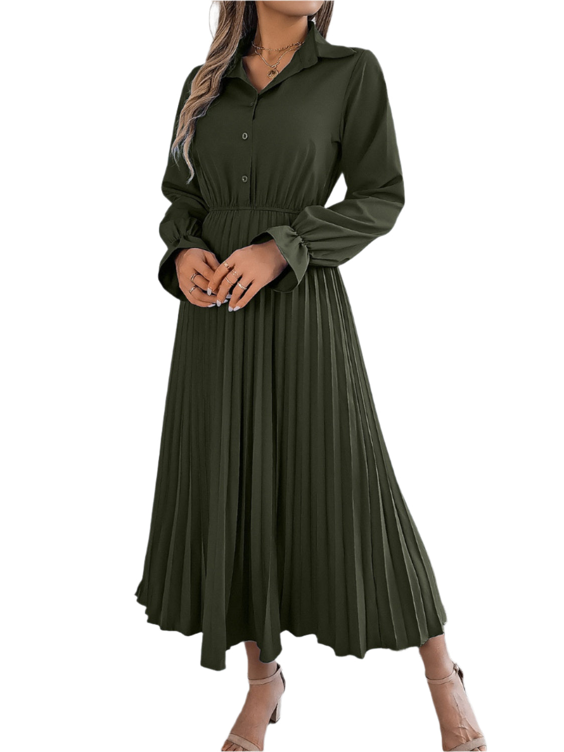Pleated Half Button Long Sleeve Midi Dress