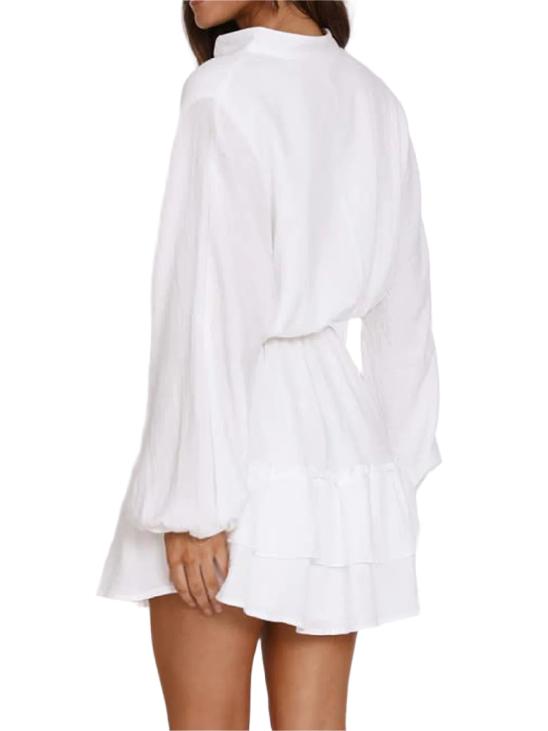 Ruffled Notched Balloon Sleeve Mini Dress