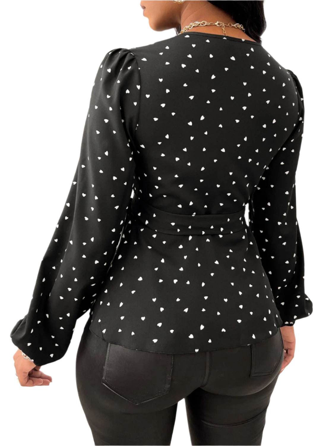 Heart Print Surplice Balloon Sleeve Blouse