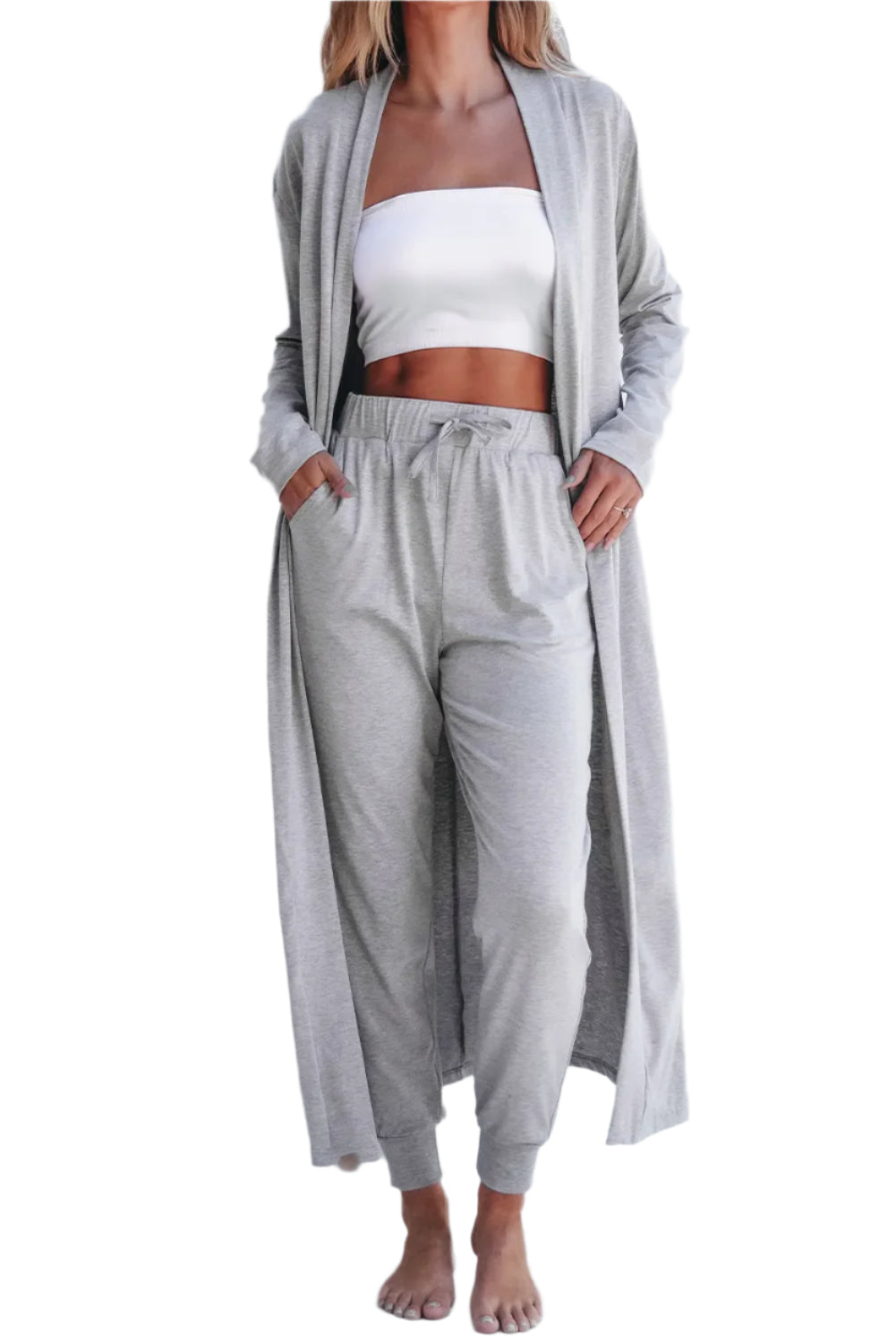 Open Front Long Sleeve Cardigan and Pants Lounge Set