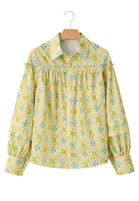 Frill Printed Collared Neck Long Sleeve Blouse