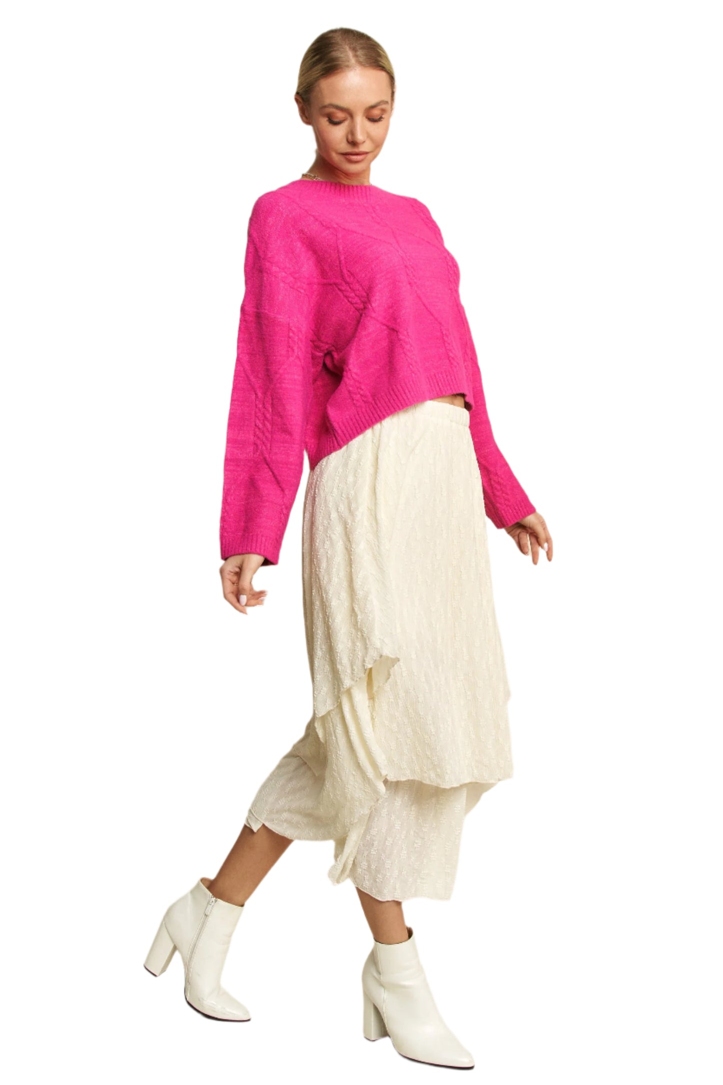 Davi & Dani Diamond Cable Pattern Drop Shoulder Sweater