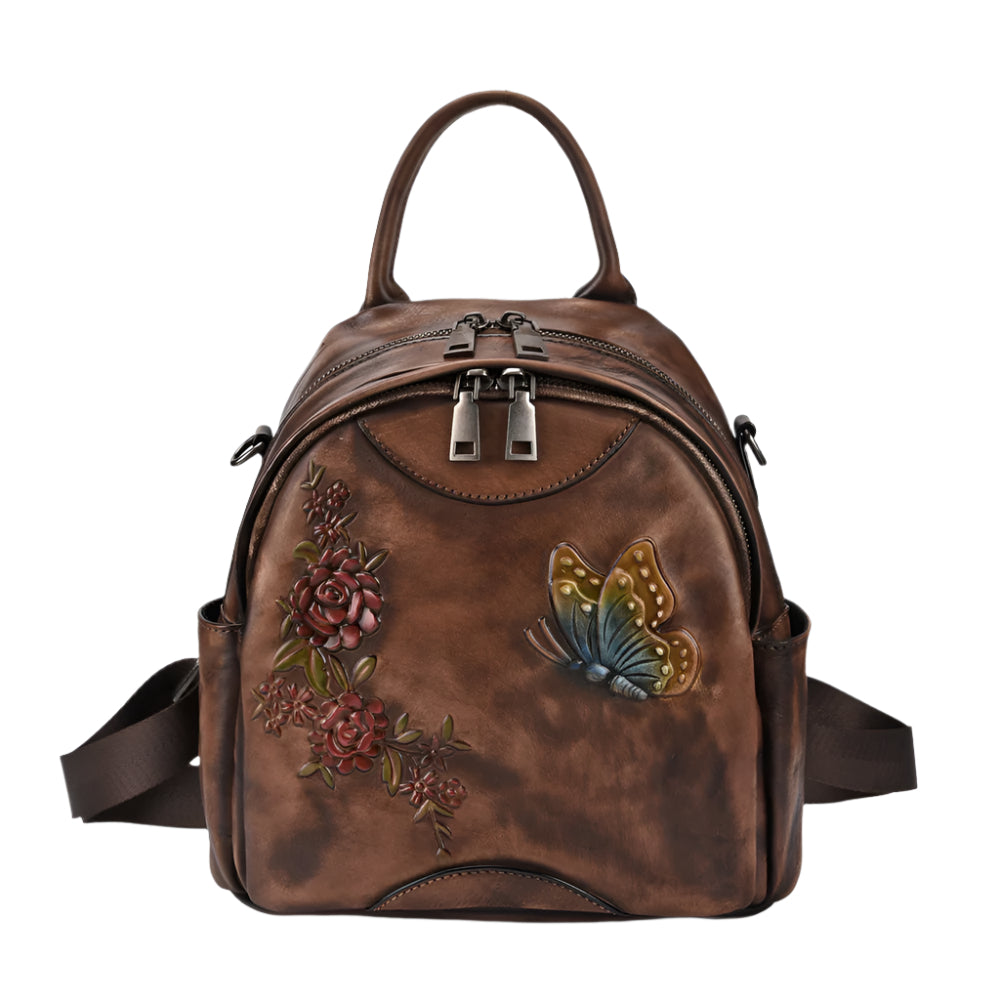 Butterfly and Flowers Cowhide Leather Versatile Handbag