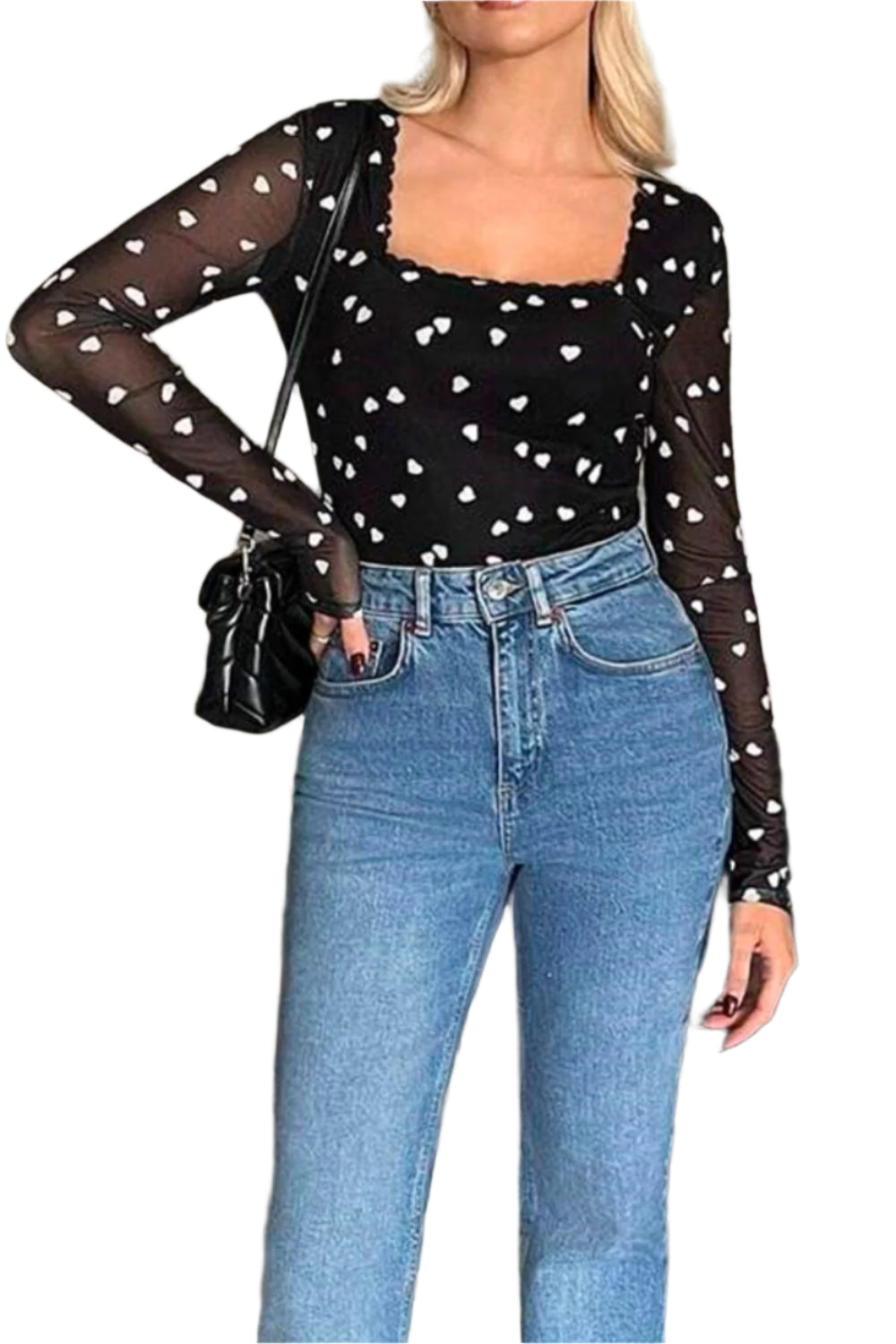 Heart Square Neck Long Sleeve Bodysuit