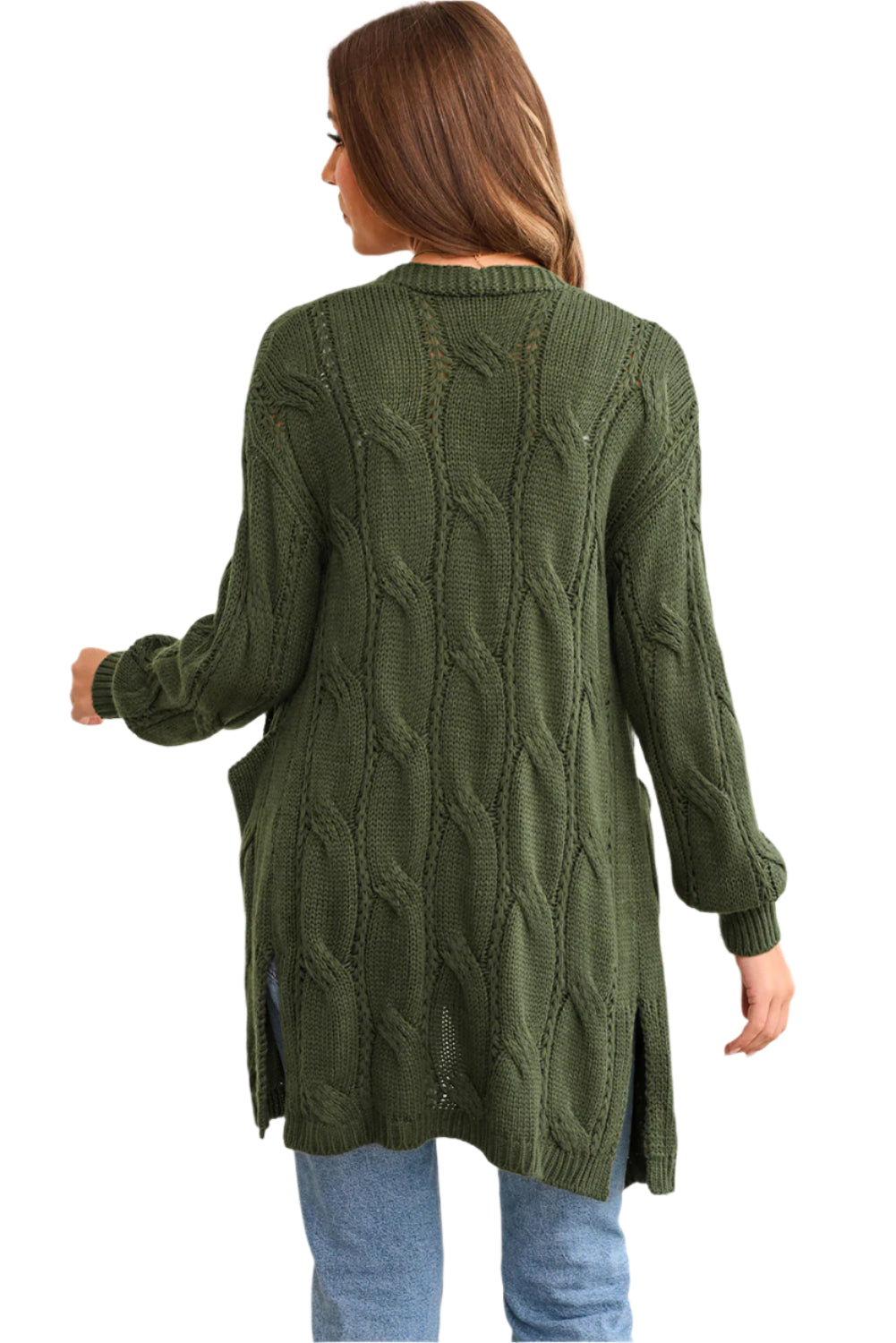 Cable-Knit Dropped Shoulder Slit Cardigan