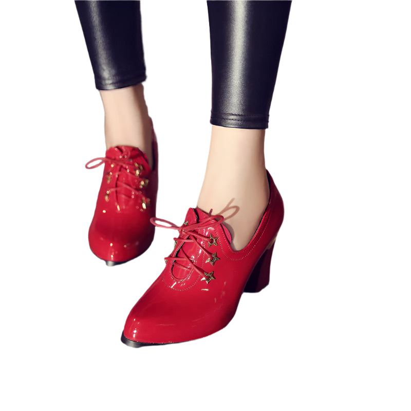 Block Heel PU Leather Shoes with Star Accents
