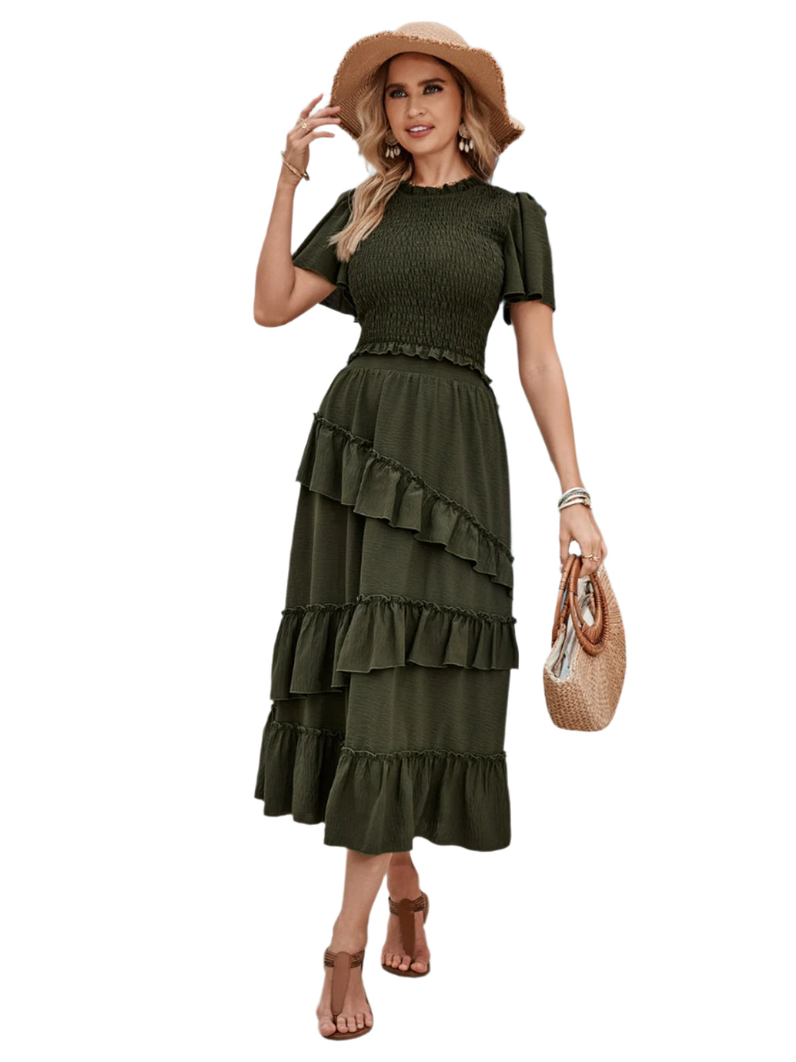 Honey Ruffled Elastic Waist Midi Skirt