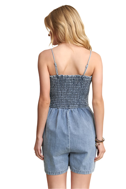 ADORA Smocked Spaghetti Strap Denim Romper