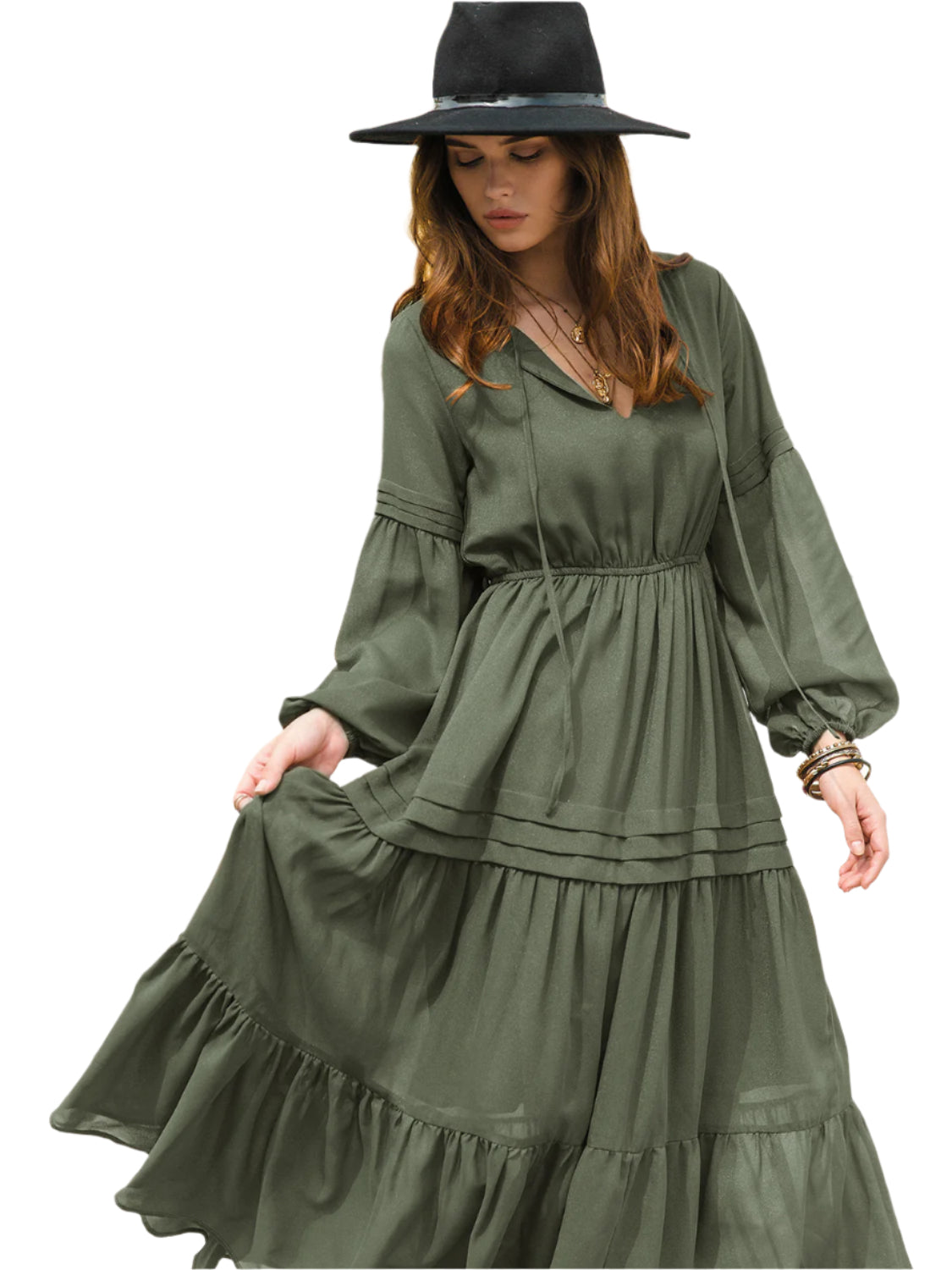 Tie Neck Long Sleeve Midi Tiered Dress