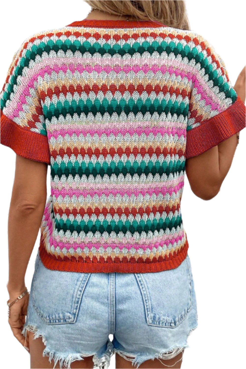 Contrast Round Neck Short Sleeve Sweater