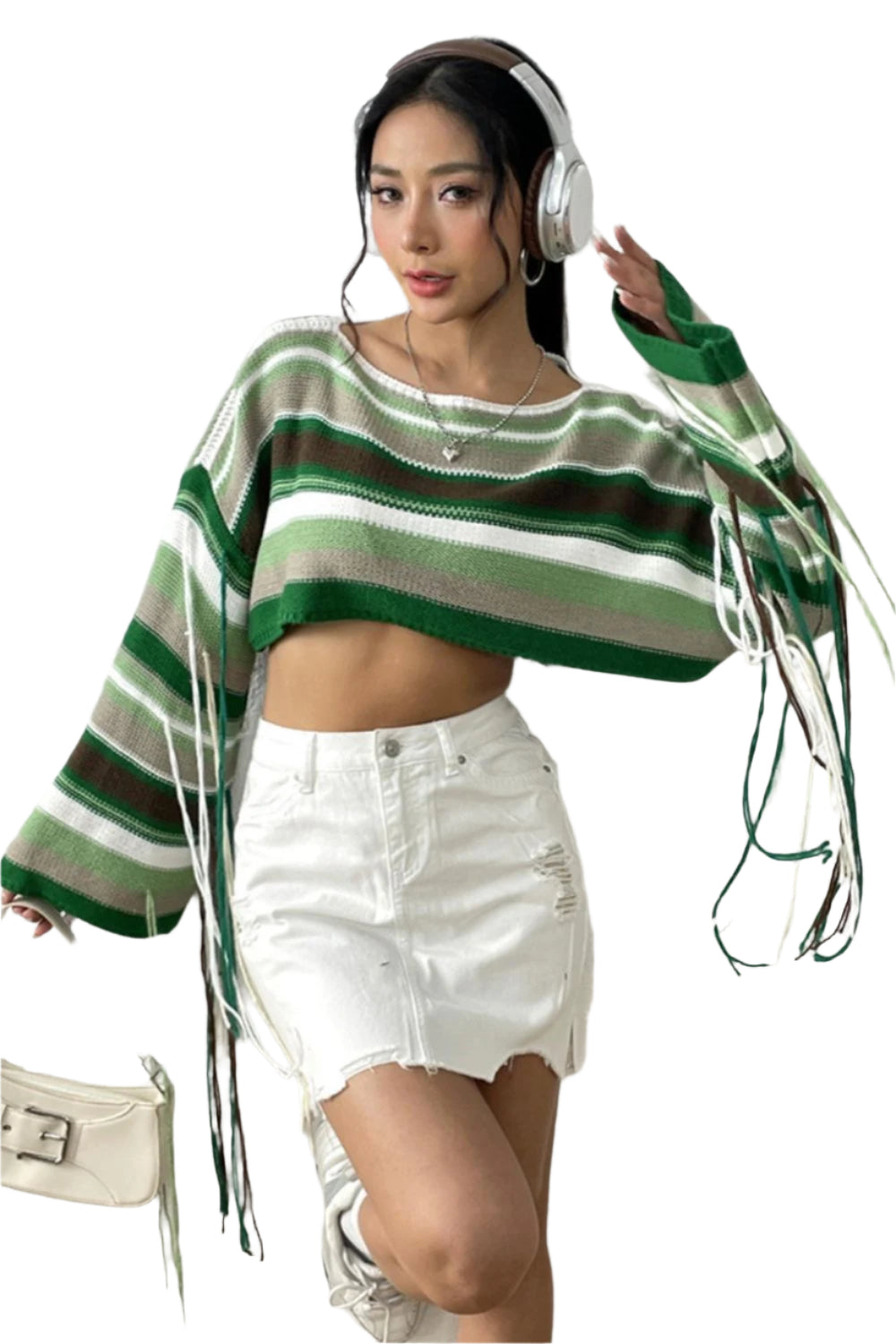 Fringe Striped Round Neck Knit Top