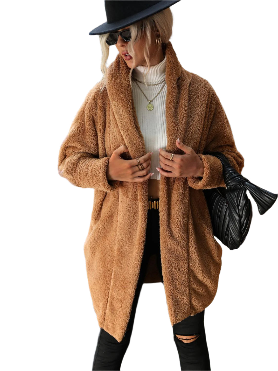 Open Front Hooded Teddy Coat